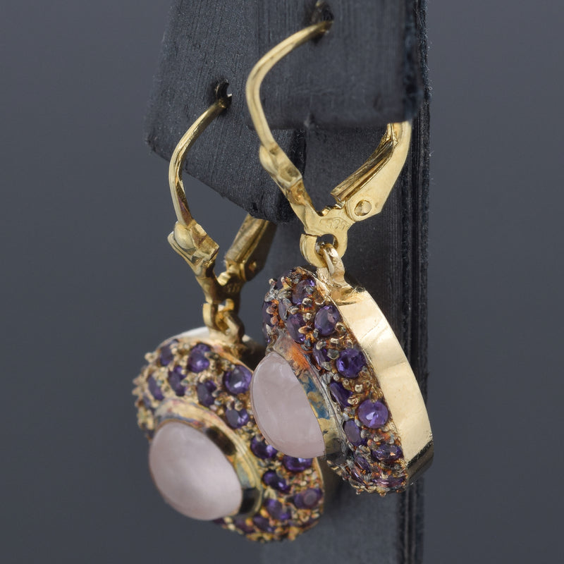 Vintage 14K Yellow Gold Amethyst & Rose Quartz Leverback Dangle Earrings