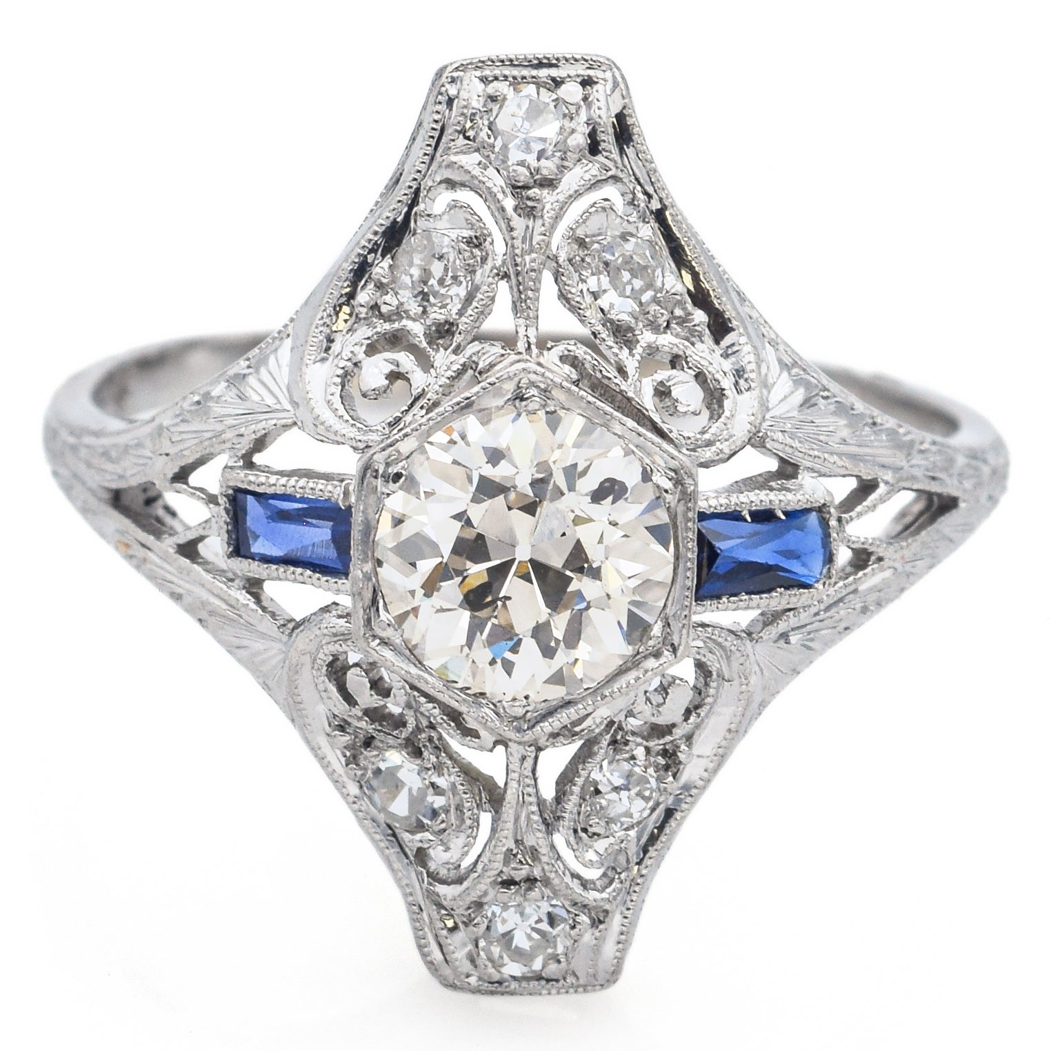 Antique Art Deco 1.04 TCW Old Euro Diamond & Sapphire Platinum Ring Size 7