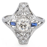 Antique Art Deco 1.04 TCW Old Euro Diamond & Sapphire Platinum Ring Size 7