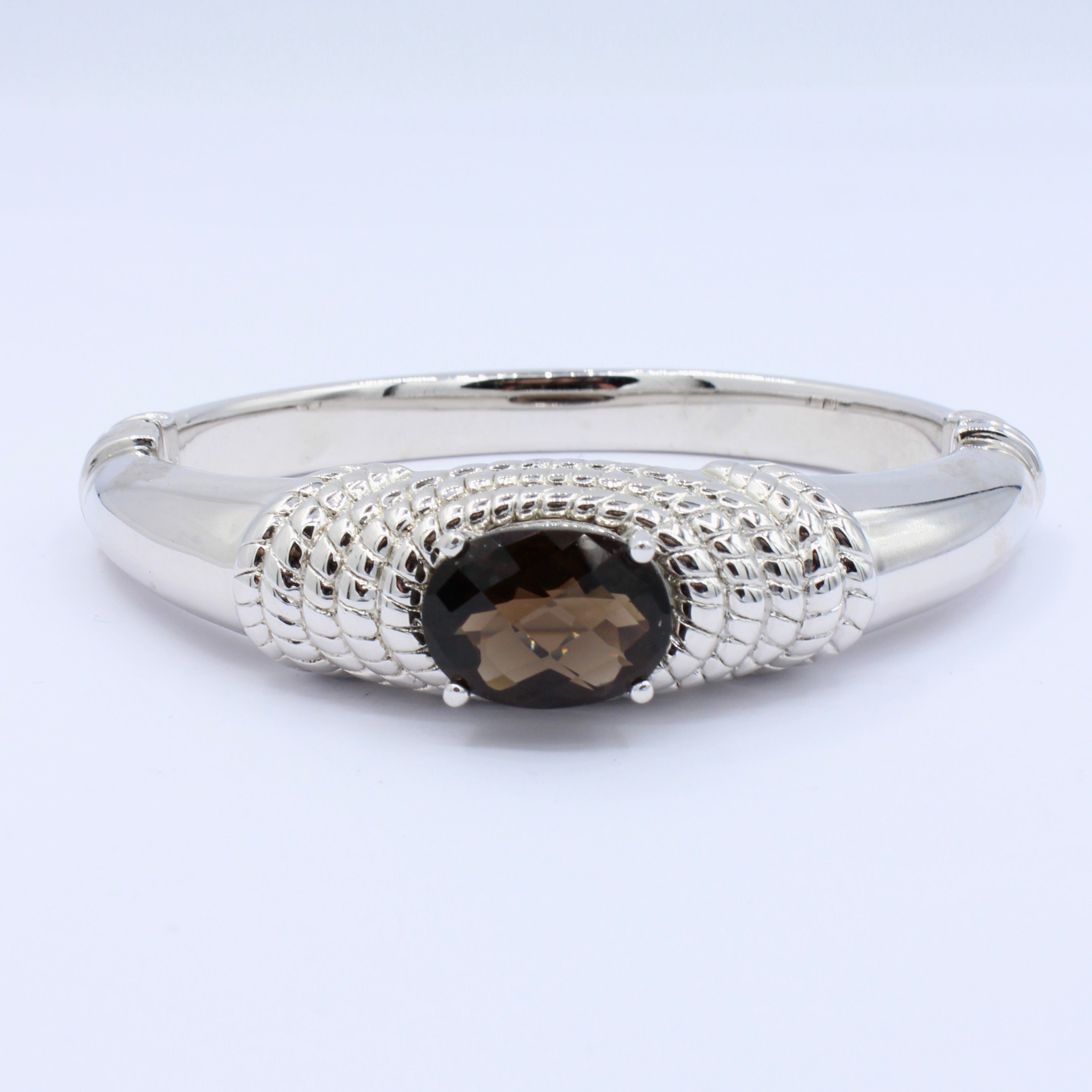 Estate Sterling Silver Smoky Quartz Hinged Bangle Bracelet