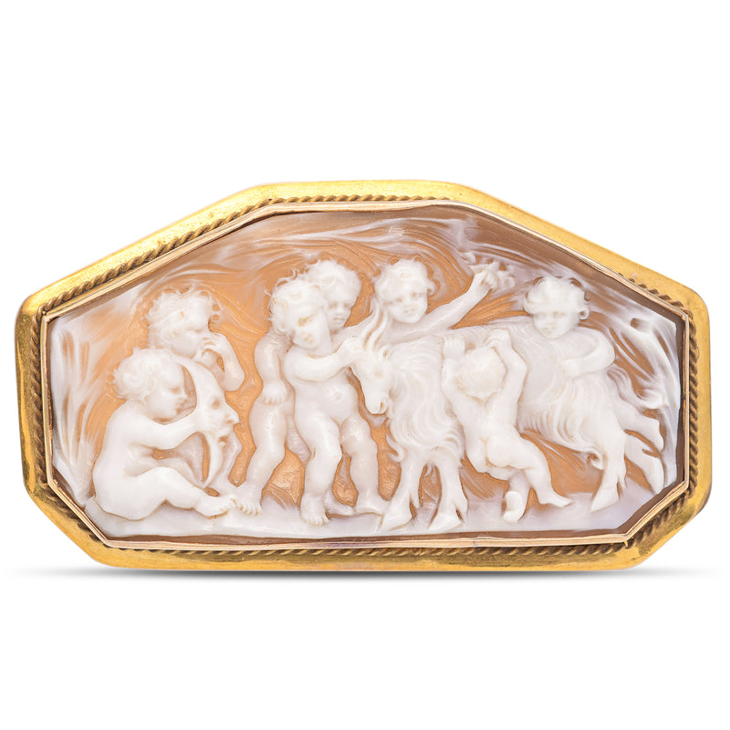 Antique Yellow Gold Cameo Children Playing with Goat Brooch