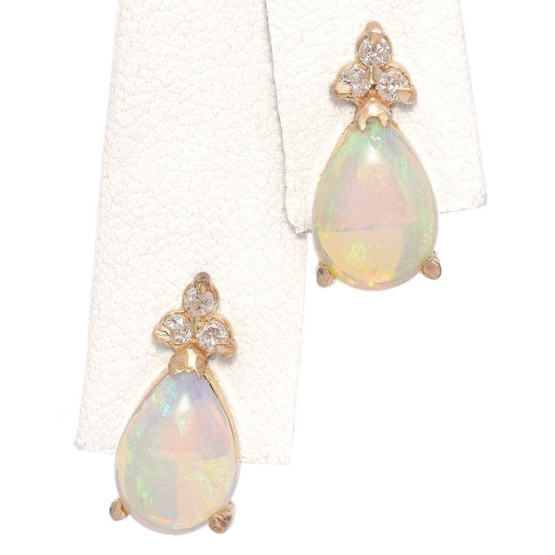 Vintage 14K Yellow Gold Tear Drop Opal and Accent Cluster Diamond Stud Earrings