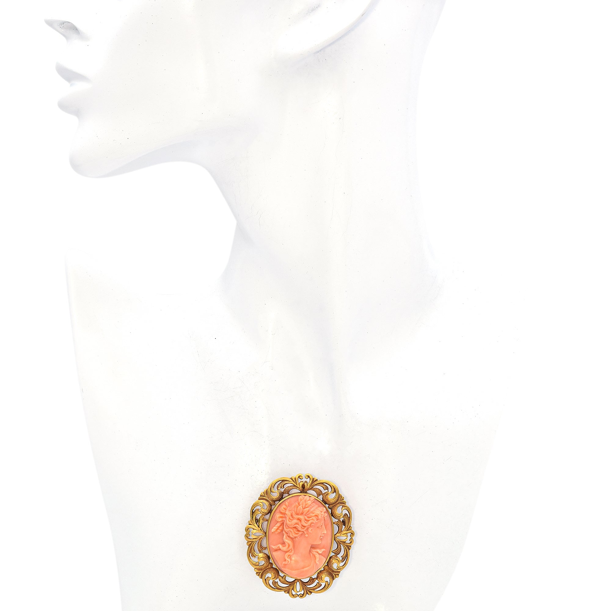 Antique 20K Yellow Gold Red Coral Cameo Filigree Brooch Pin Pendant