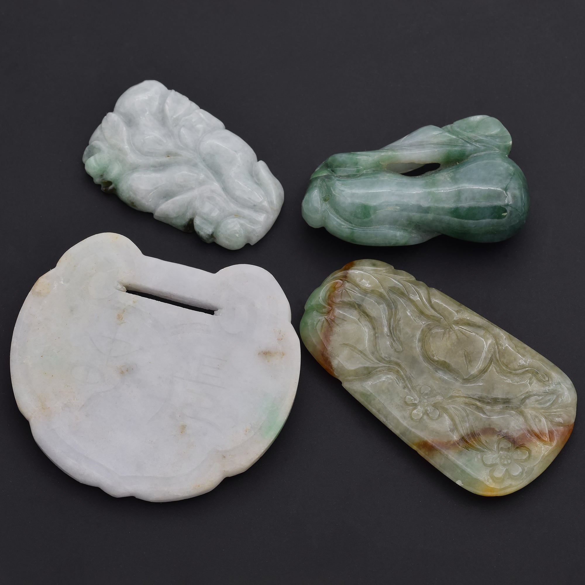 Lot of 4 Vintage Green & White Jade Carved Fruit & Lock Pendants