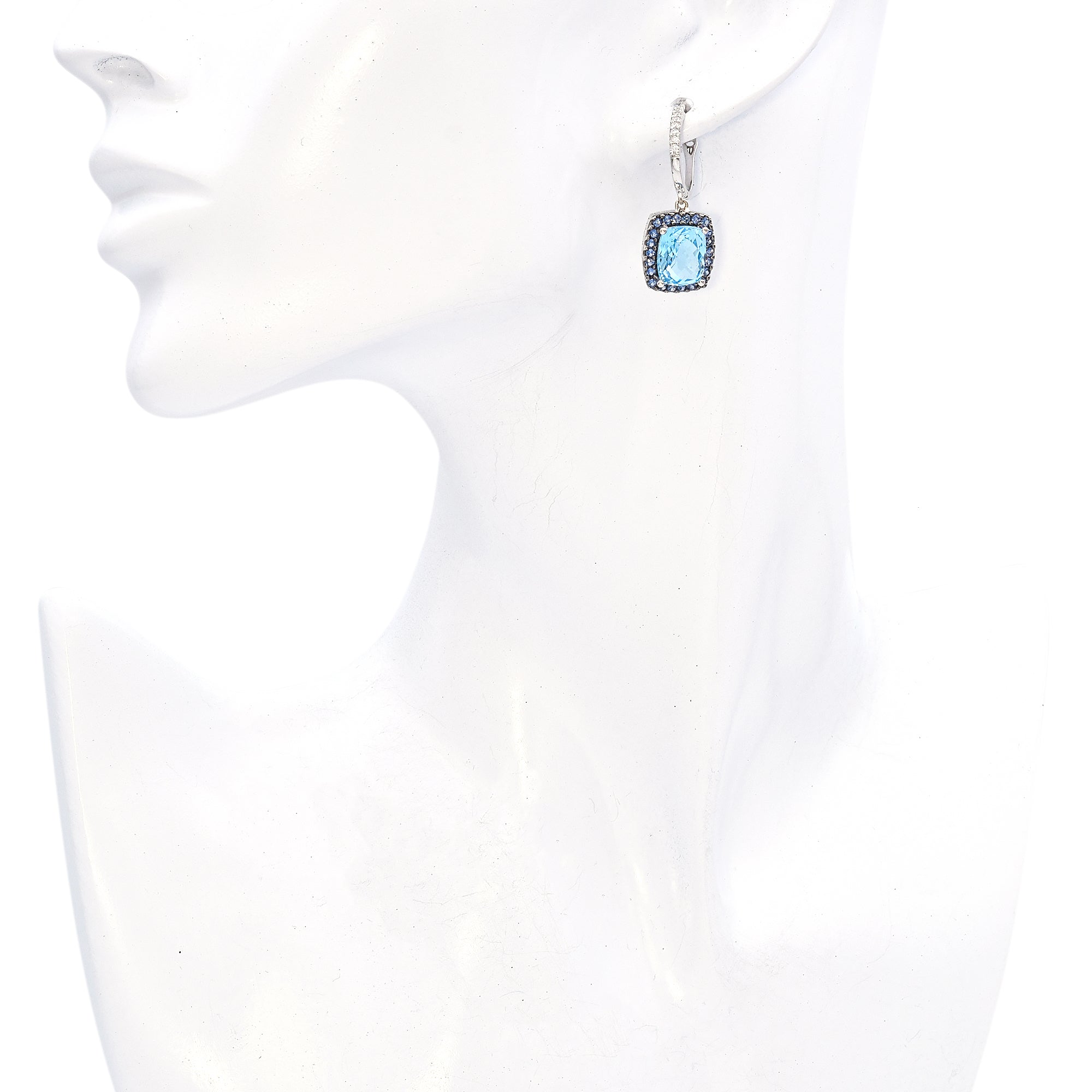 18K White Gold 7.4 Ct. Blue Topaz, Diamond, Sapphire Halo Drop Earrings