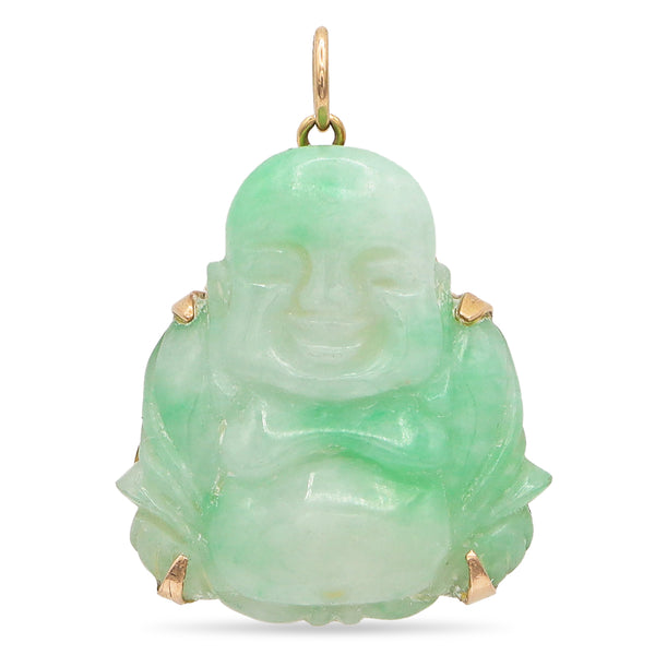 Vintage 14K Yellow Gold Carved Green Jade Buddha Pendant, 9.6g, 24.5x28 mm