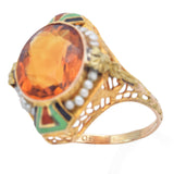 Antique 14K Yellow Gold 5.15 Ct Citrine & Pearl Enamel Cocktail Ring Size 5.5