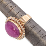 14K Yellow Gold 49.68 Ct. Pink Sapphire Cabochon Diamond Halo Cocktail Ring