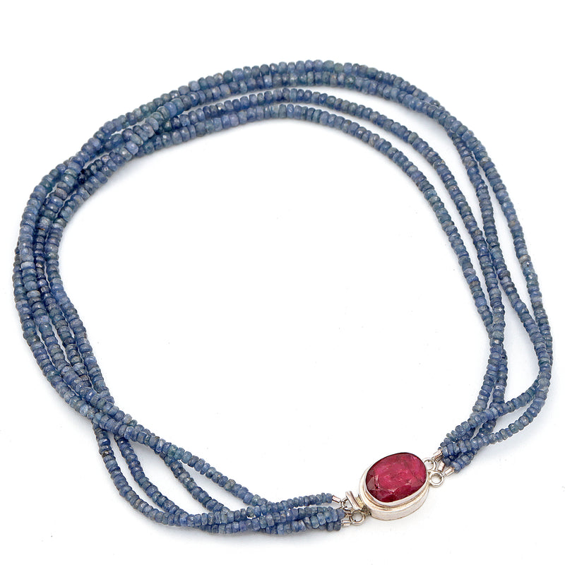 Vintage Sterling Silver Natural Sapphire Ruby Beaded Multi-Strand Necklace, 18"