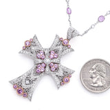 Estate 18K White Gold Pink Sapphire & Diamond Cross Pendant Necklace