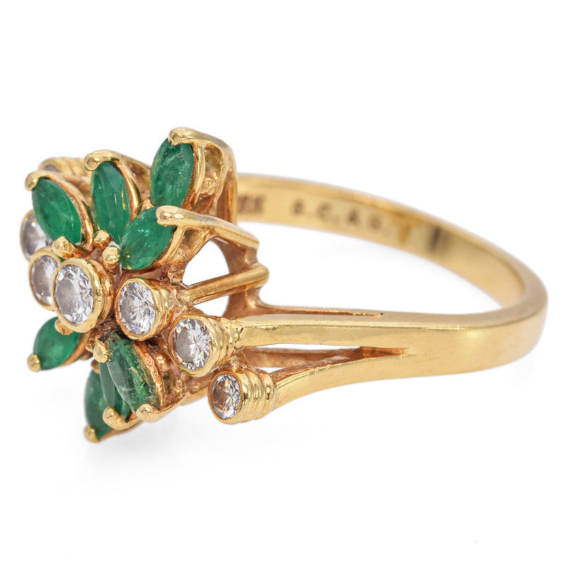 Vintage 18K Yellow Gold Emerald and Diamond Cocktail Ring