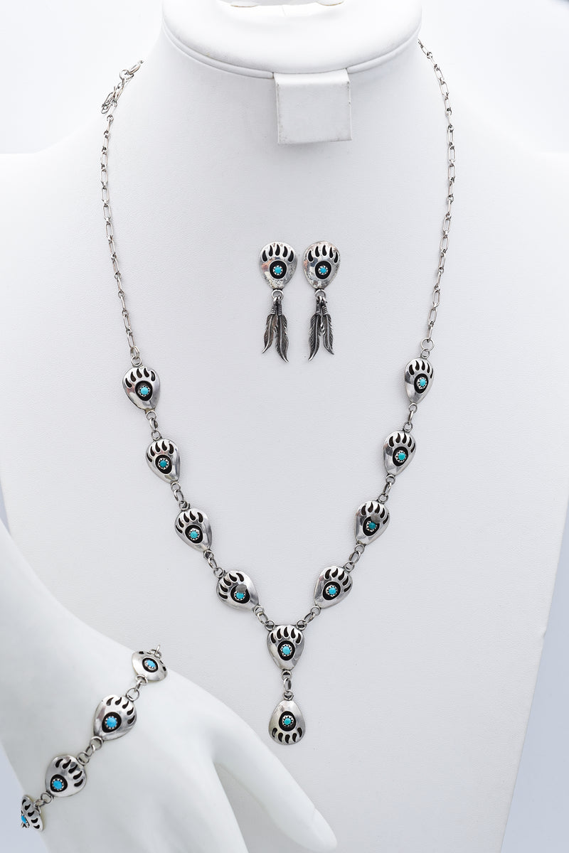 Vintage Sterling Silver Turquoise Bear Paw Necklace, Bracelet & Earrings Set