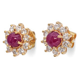 14K Yellow Gold 1.78 TCW Cabochon Ruby & Diamond Halo Stud Earrings