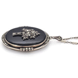 Antique Sterling Silver Black Onyx & Marcasite Mourning Locket Pendant Necklace