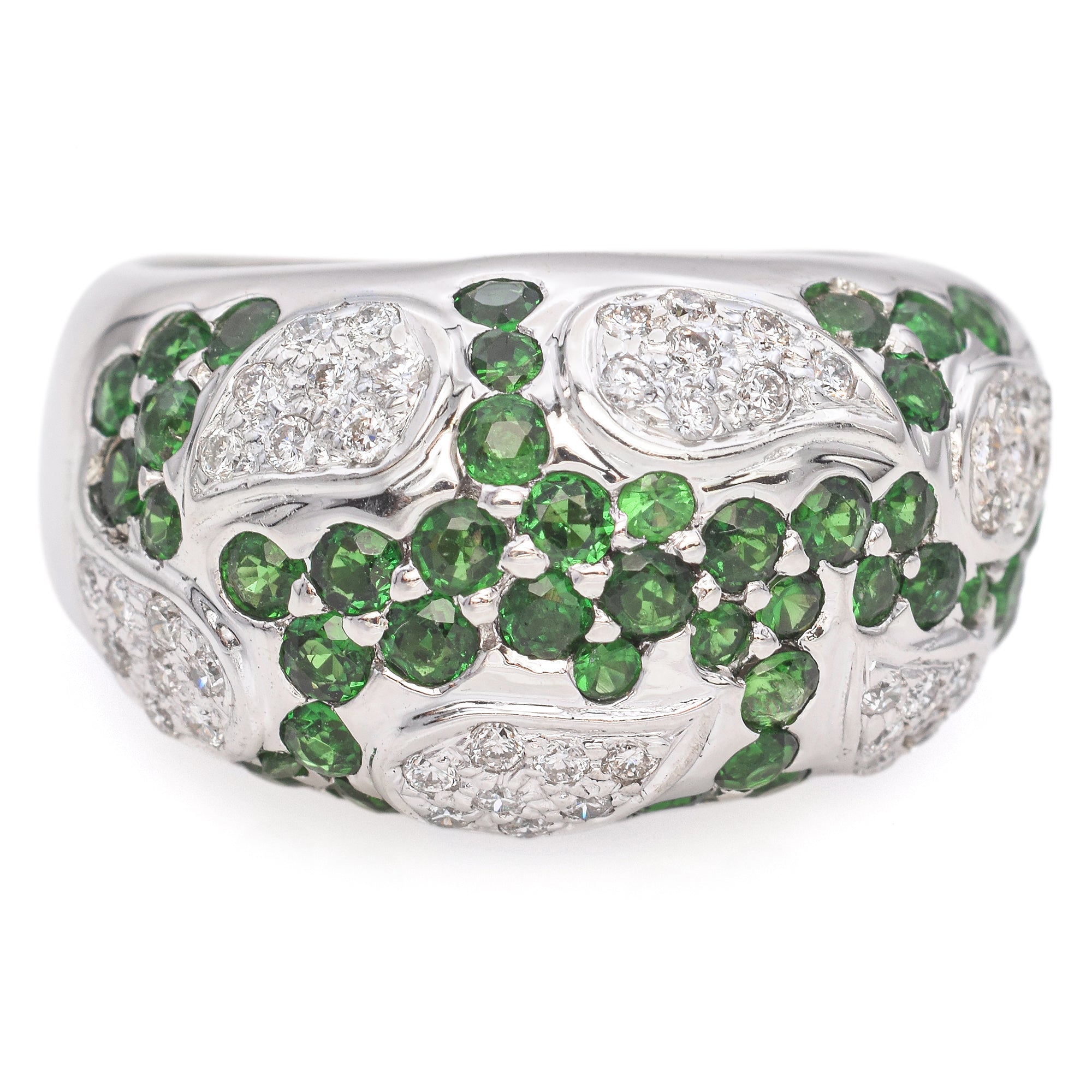 18K White Gold Green Garnet and Paisley Diamond Dome Ring