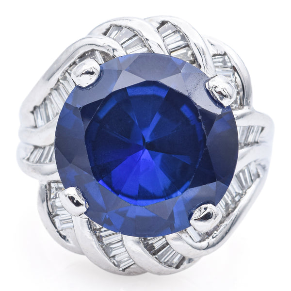 Estate Platinum 10.30 Ct Lab Sapphire & 0.96 TCW Diamond Cocktail Ring Size 5