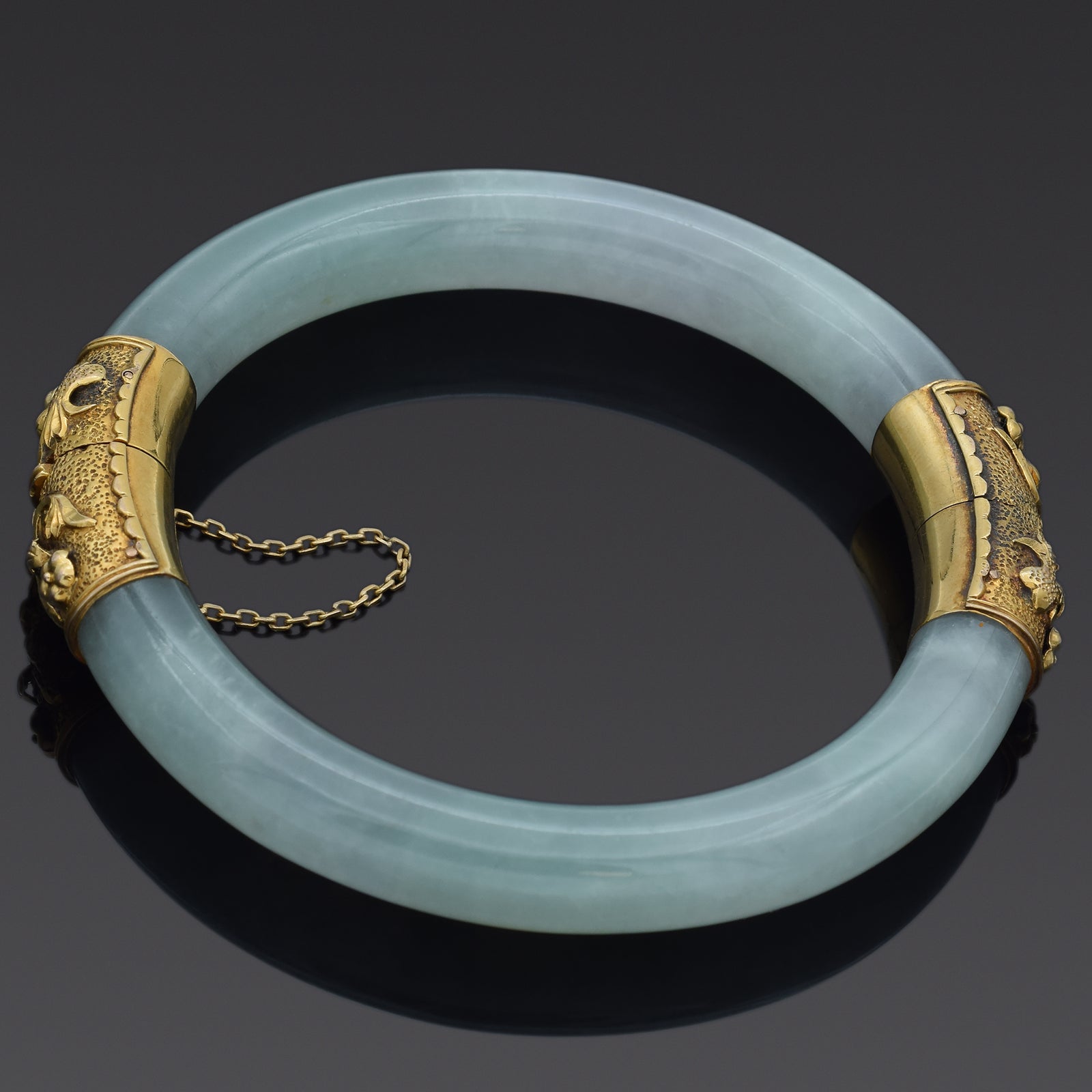 Vintage Translucent Green Jade 14K Yellow Gold Hinged Bangle Bracelet Blue Ribbon Rarities