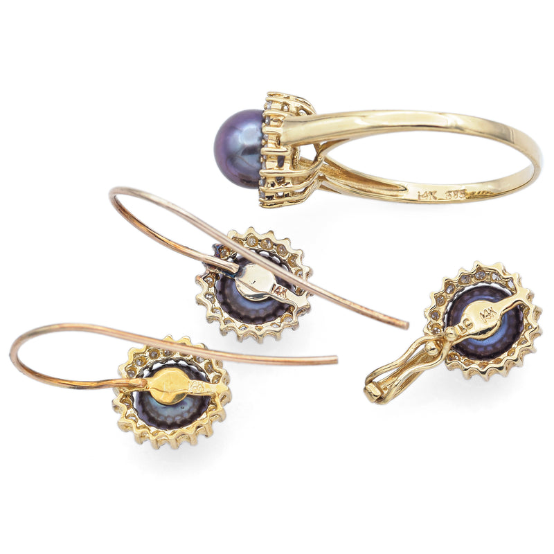 Vintage 14K Yellow Gold Black Pearl & Diamond Pendant, Ring & Earrings Set
