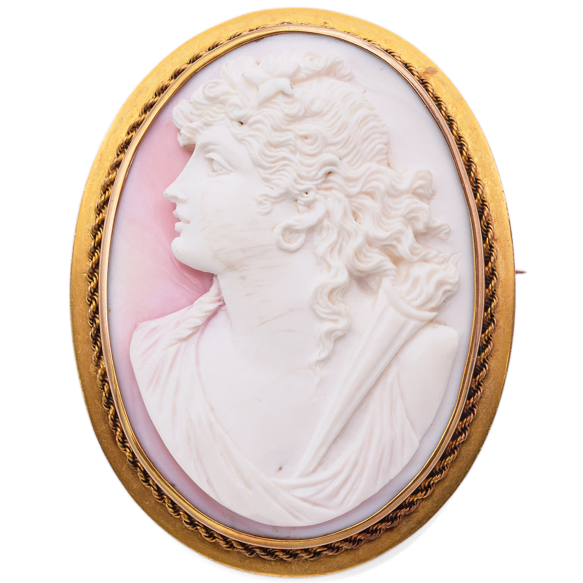 Antique 12K Gold Aurora Goddess of the Dawn Conch Shell Cameo Brooch Pendant