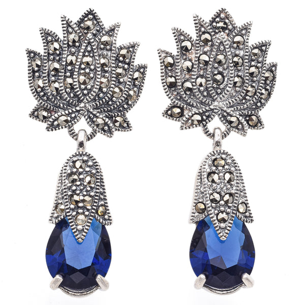 Vintage Sterling Silver Blue Paste and Marcasite Lotus Floral Drop Earrings