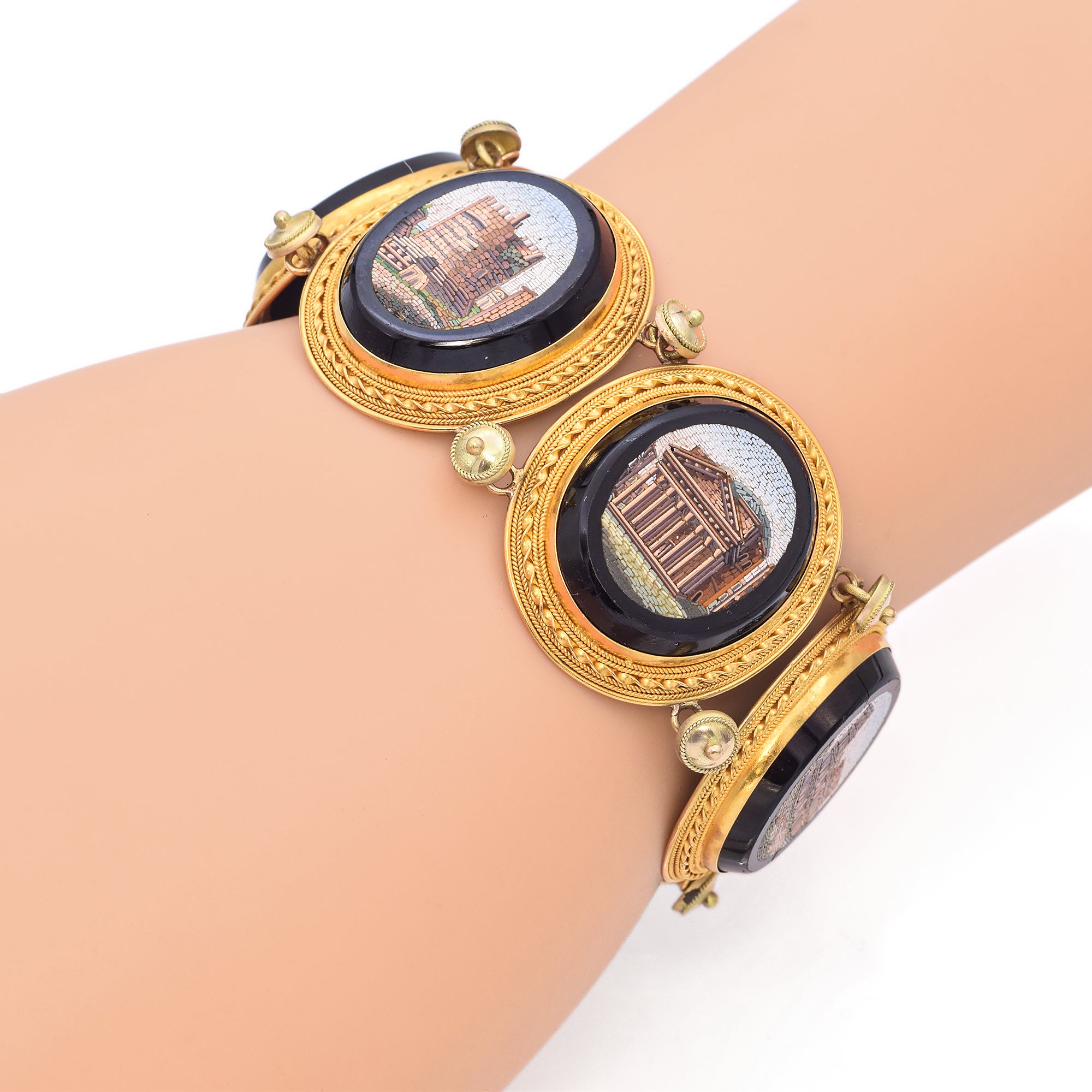 Antique Yellow Gold Italian Grand Tour Onyx Micro Mosaic Link Bracelet