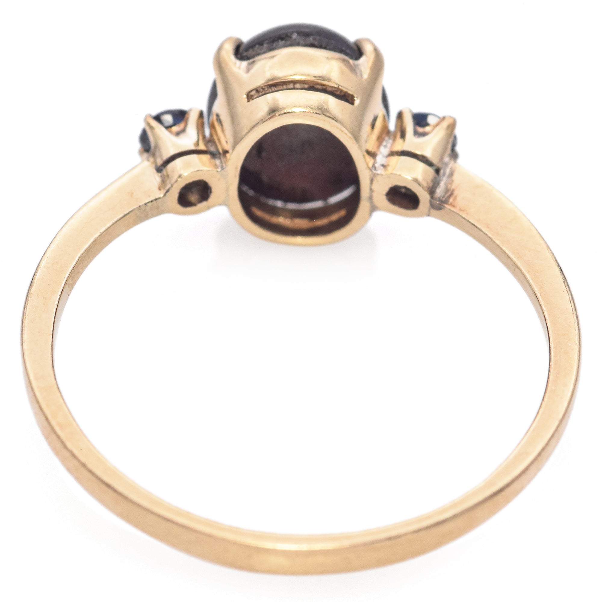 10K Yellow Gold Black Star Sapphire Cabochon and Accent Round Sapphire Ring