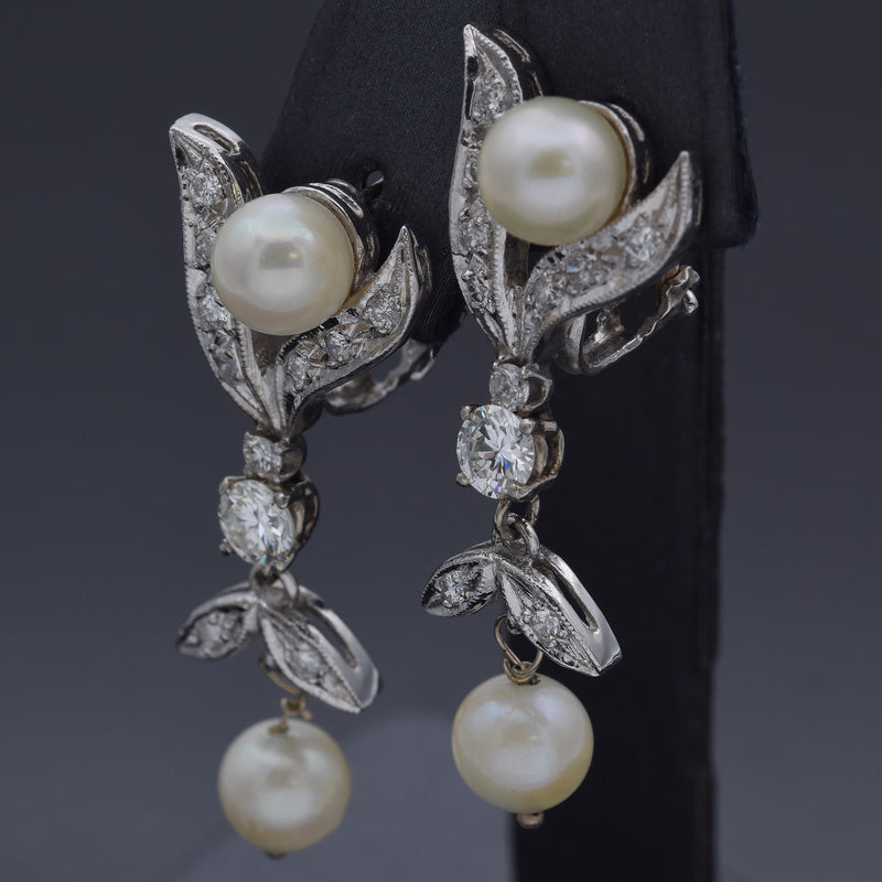 Vintage 14K White Gold Pearl & 1.16 TCW Diamond Omega Back Dangle Earrings