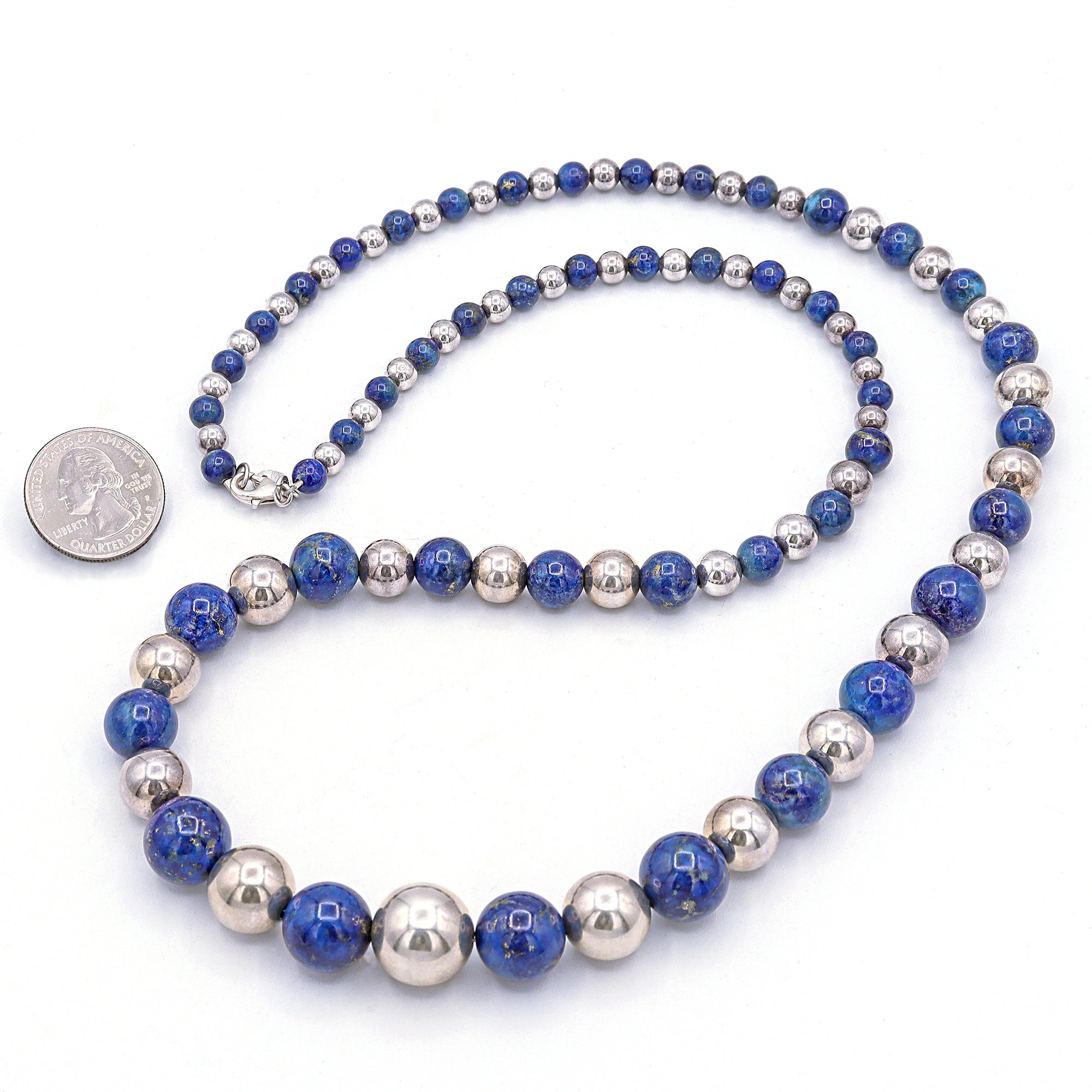 Vintage Lapis Lazuli Graduated Beaded Long Necklace in Sterling Silver