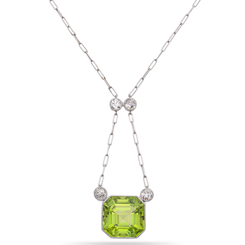 Edwardian Platinum 11.8 Ct. Peridot and Diamond Fetter Link Chain Necklace