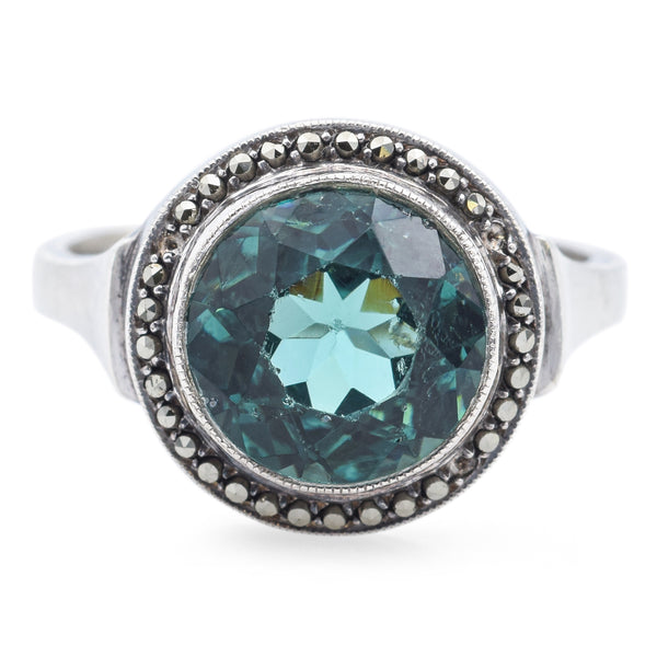 Antique R. Lindsay Sterling Silver Blue Zircon & Marcasite Ring