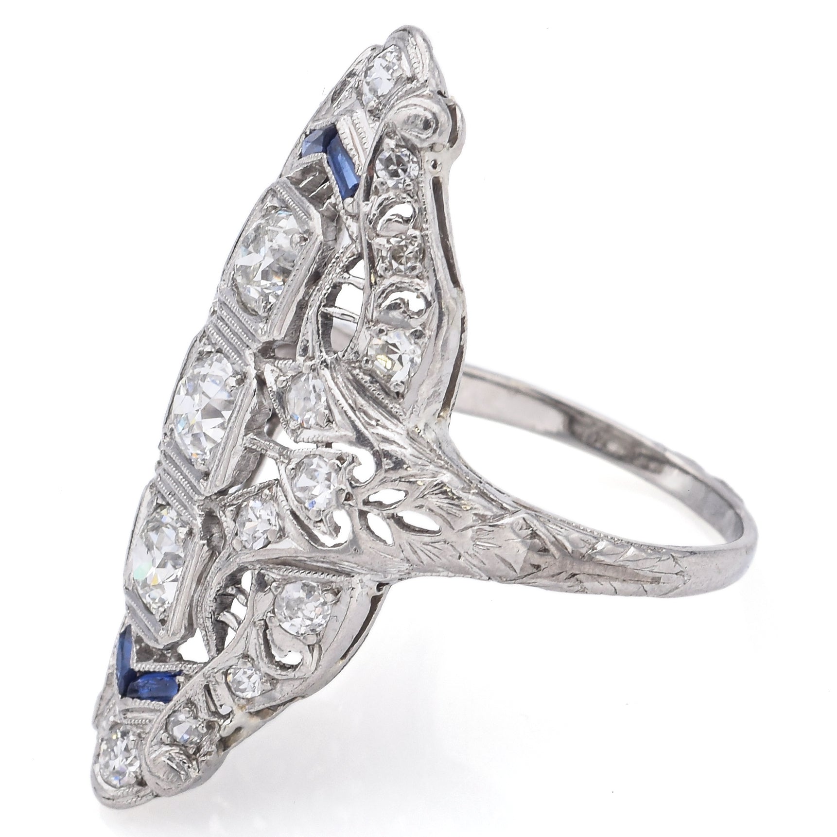 Antique Art Deco Platinum 1.07 TCW Diamond & Sapphire Ring Size 5.5