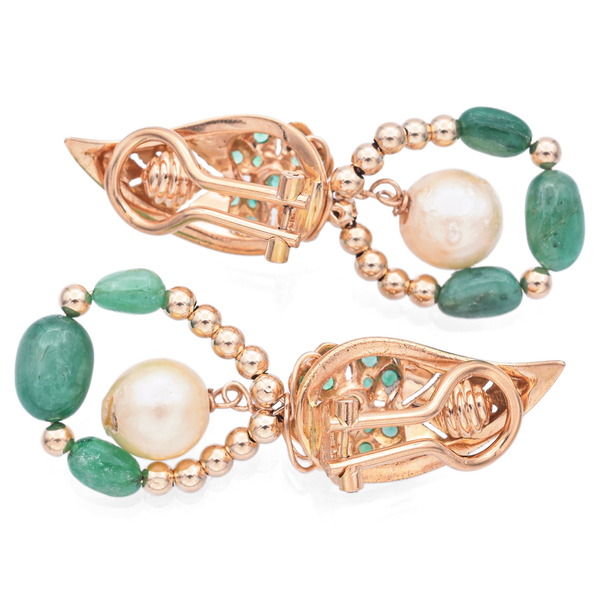 Vintage 18K Yellow Gold Emerald & Pearl Clip-On Dangle Earrings