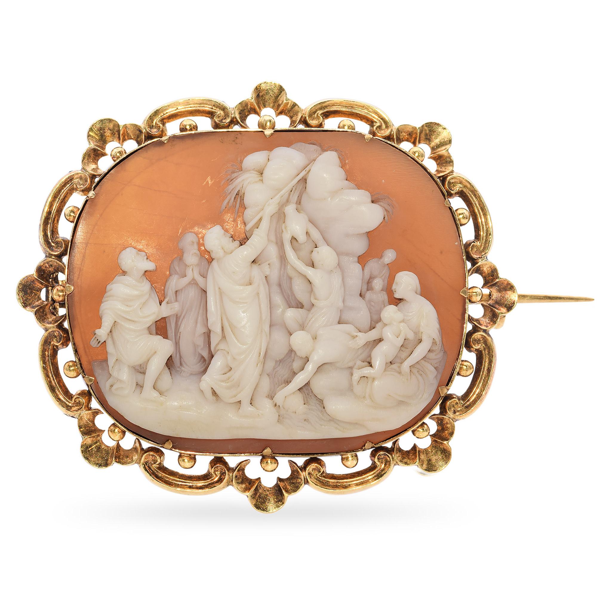 Antique Yellow Gold Moses Hitting Rock to Get Water Cameo Brooch