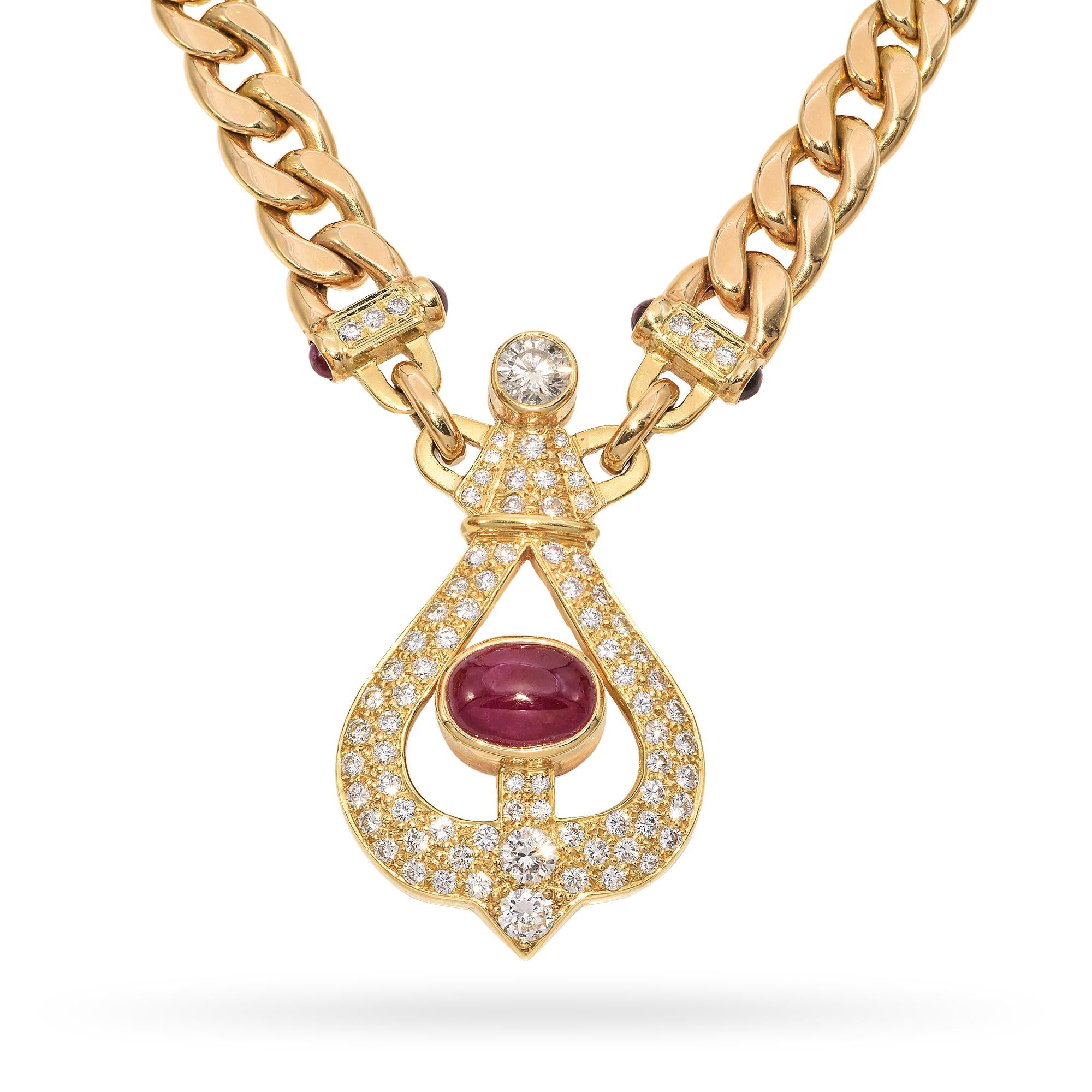 Vintage 14k Yellow Gold Ruby and Diamond Statement Chain Necklace