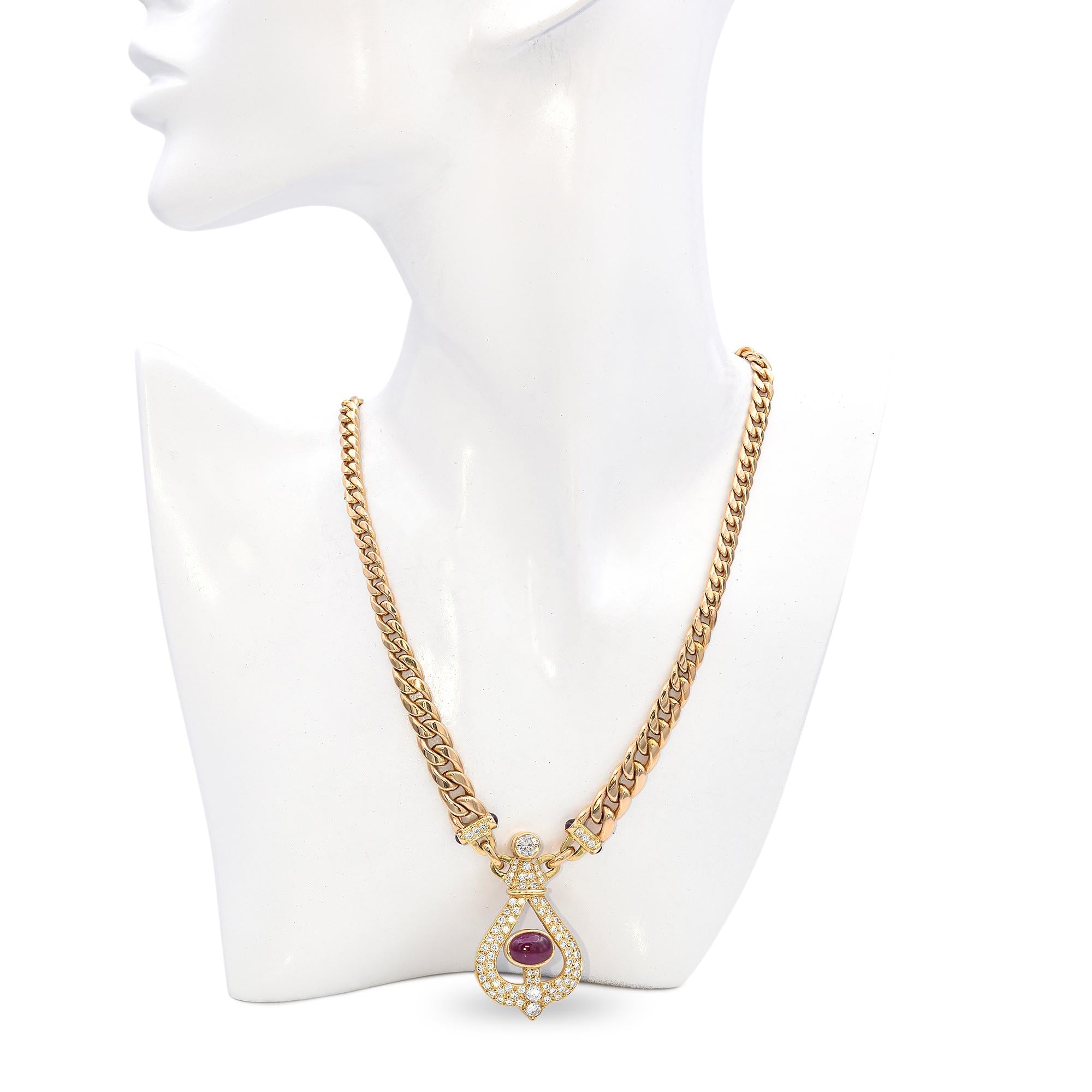 Vintage 14k Yellow Gold Ruby and Diamond Statement Chain Necklace