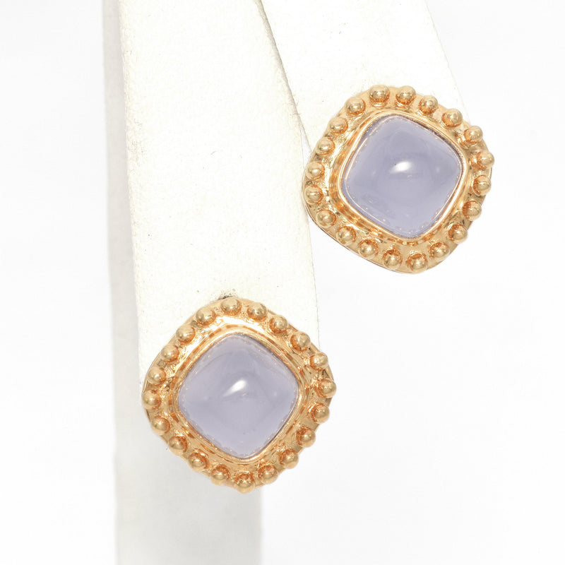 Vintage 14K Yellow Gold Square Cut Chalcedony Cabochon Stud Earrings