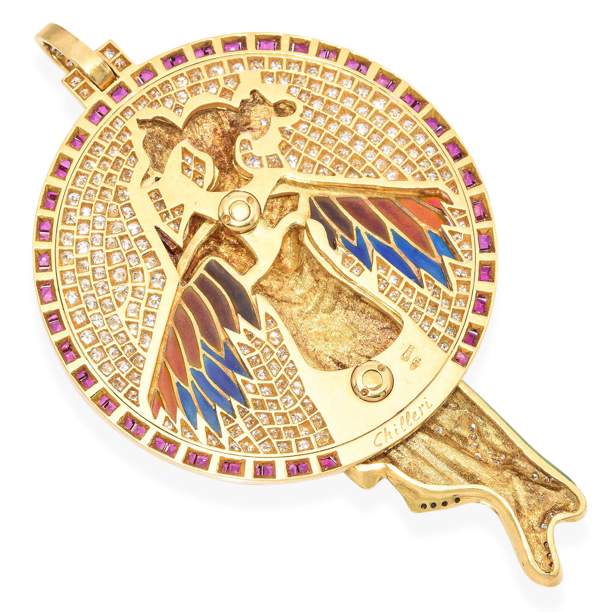 Chilleri 18k Gold Art Nouveau Flying Nymph Enamel and Gemstone Pendant