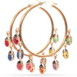 14K Yellow Gold Multicolor Enamel Ladybug Hoop Earrings