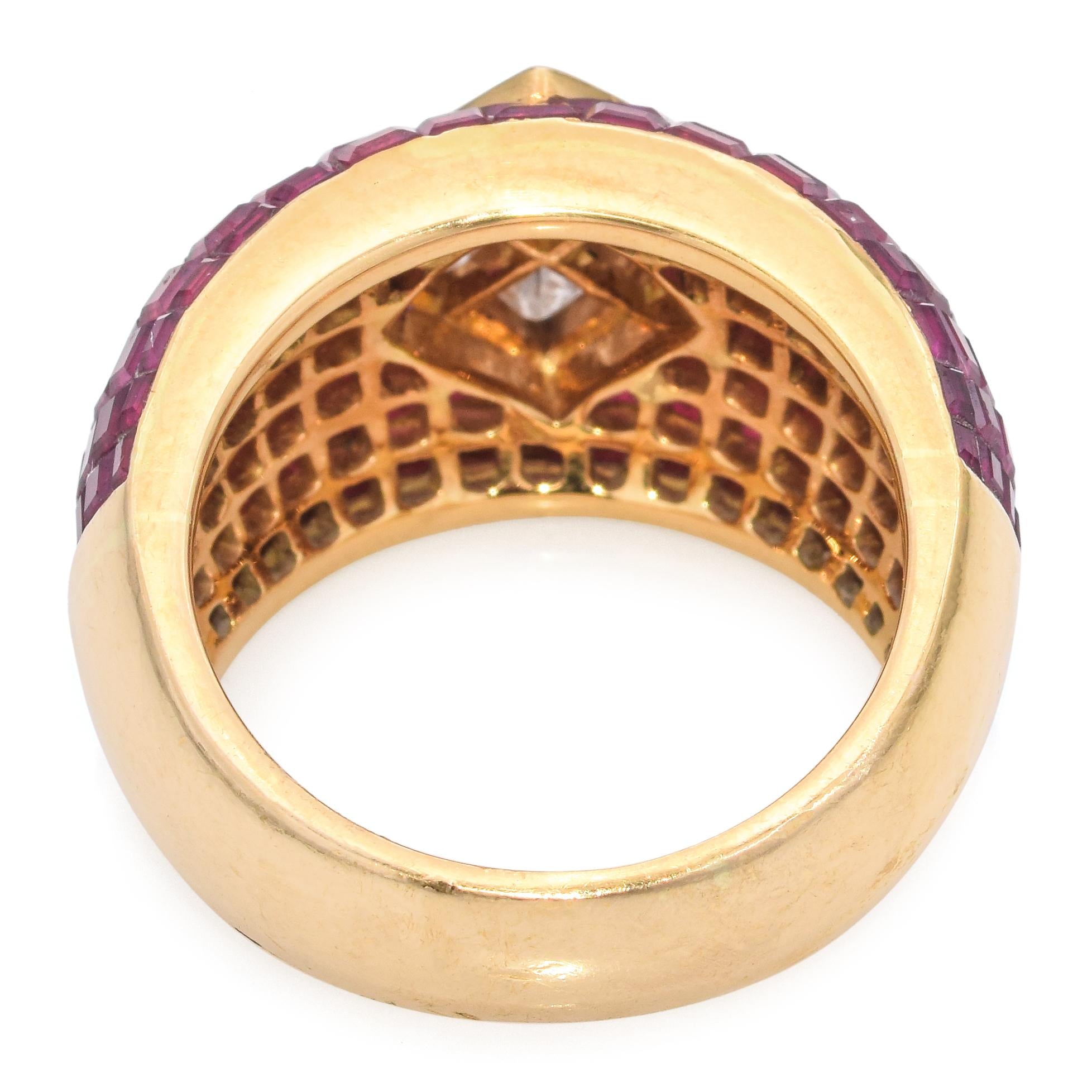 Vintage 18k Yellow Gold Invisible-Set Ruby and Diamond Statement Ring