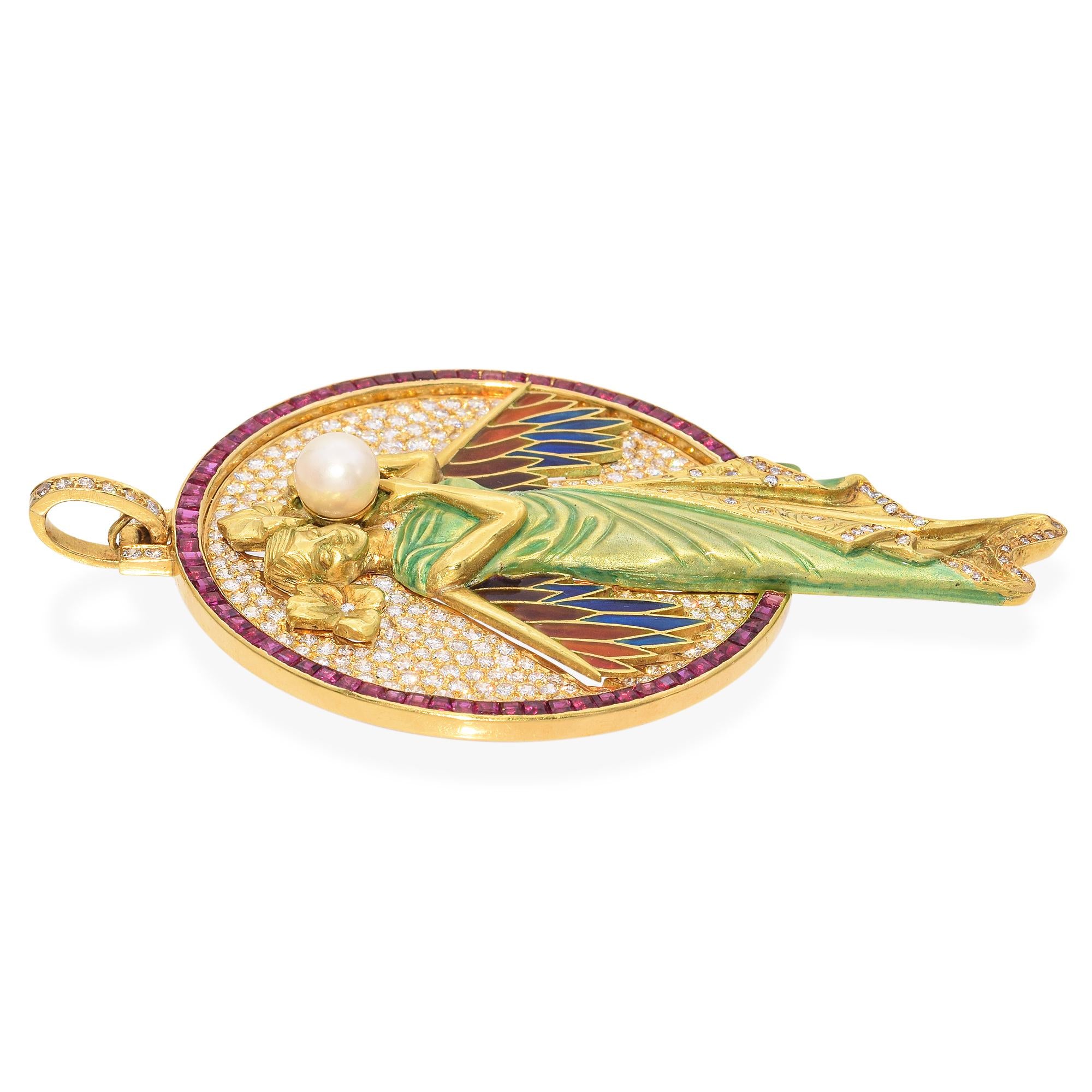 Chilleri 18k Gold Art Nouveau Flying Nymph Enamel and Gemstone Pendant