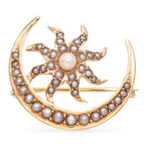 Antique Victorian 14K Yellow Gold Moon and Sun Seed Pearl Brooch