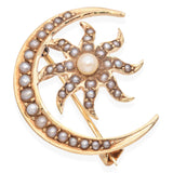 Antique Victorian 14K Yellow Gold Moon and Sun Seed Pearl Brooch