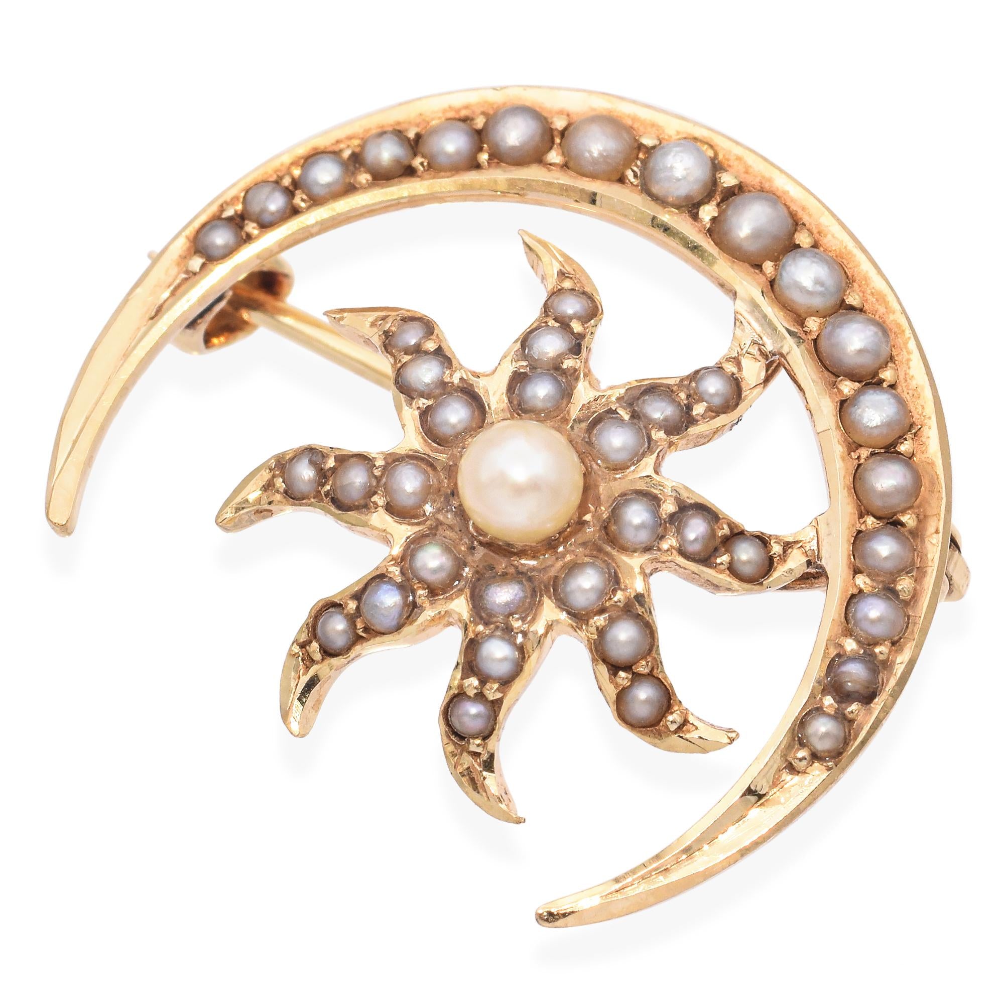 Antique Victorian 14K Yellow Gold Moon and Sun Seed Pearl Brooch