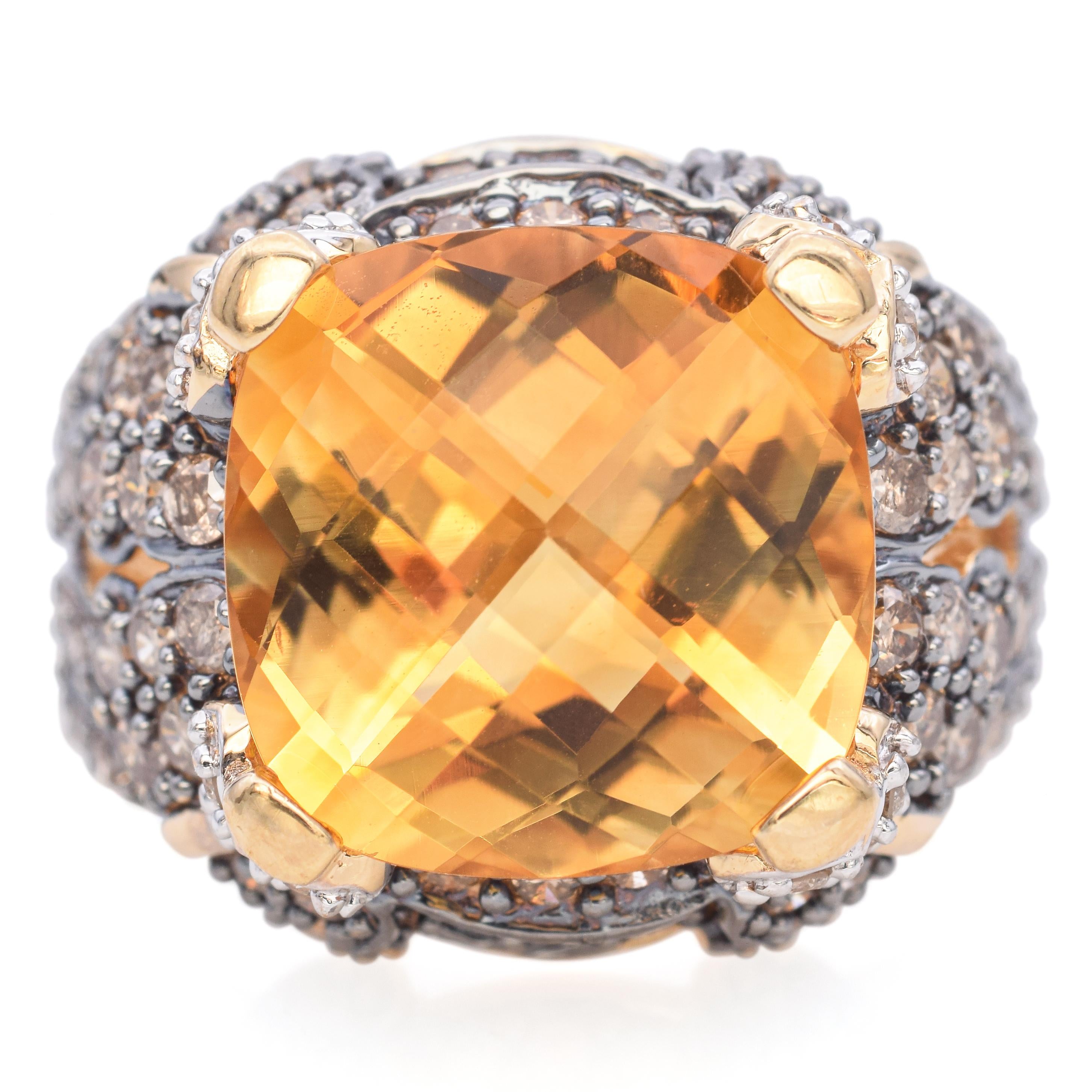 14k Yellow Gold Citrine and Champagne Diamond Cocktail Ring