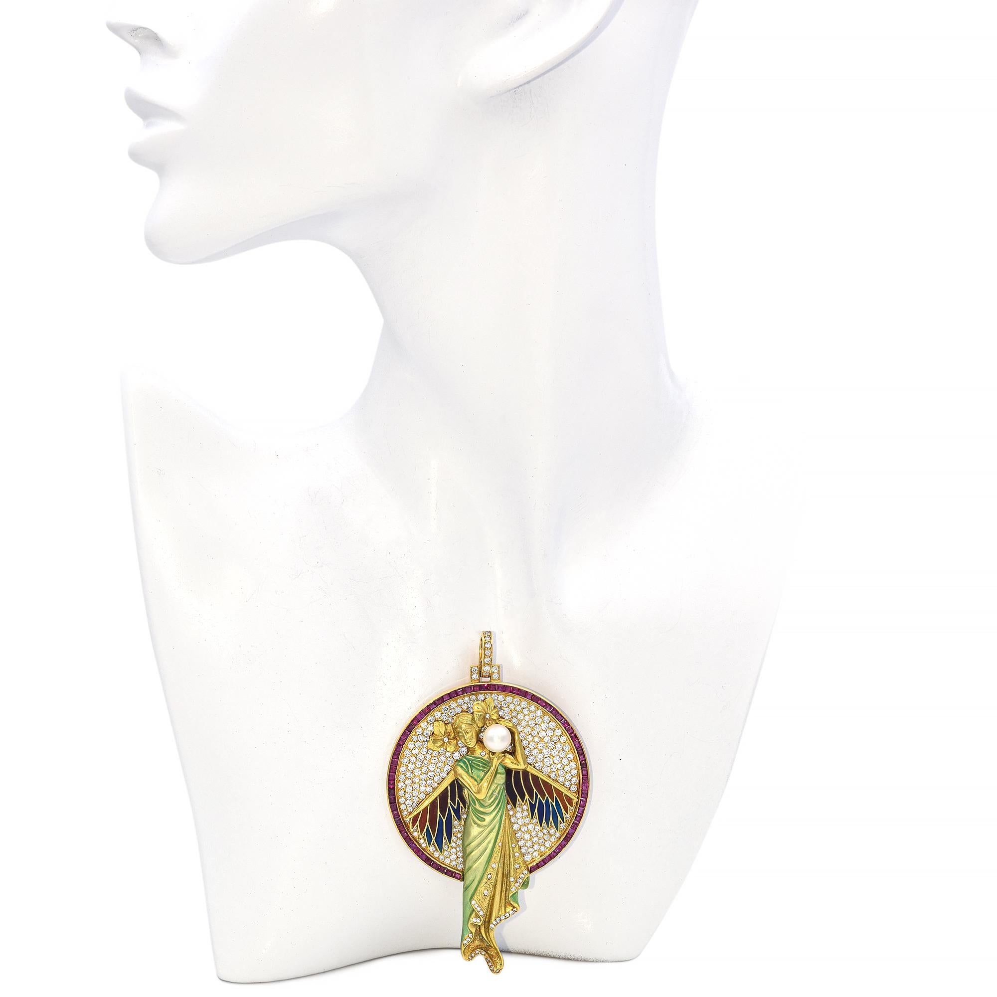 Chilleri 18k Gold Art Nouveau Flying Nymph Enamel and Gemstone Pendant