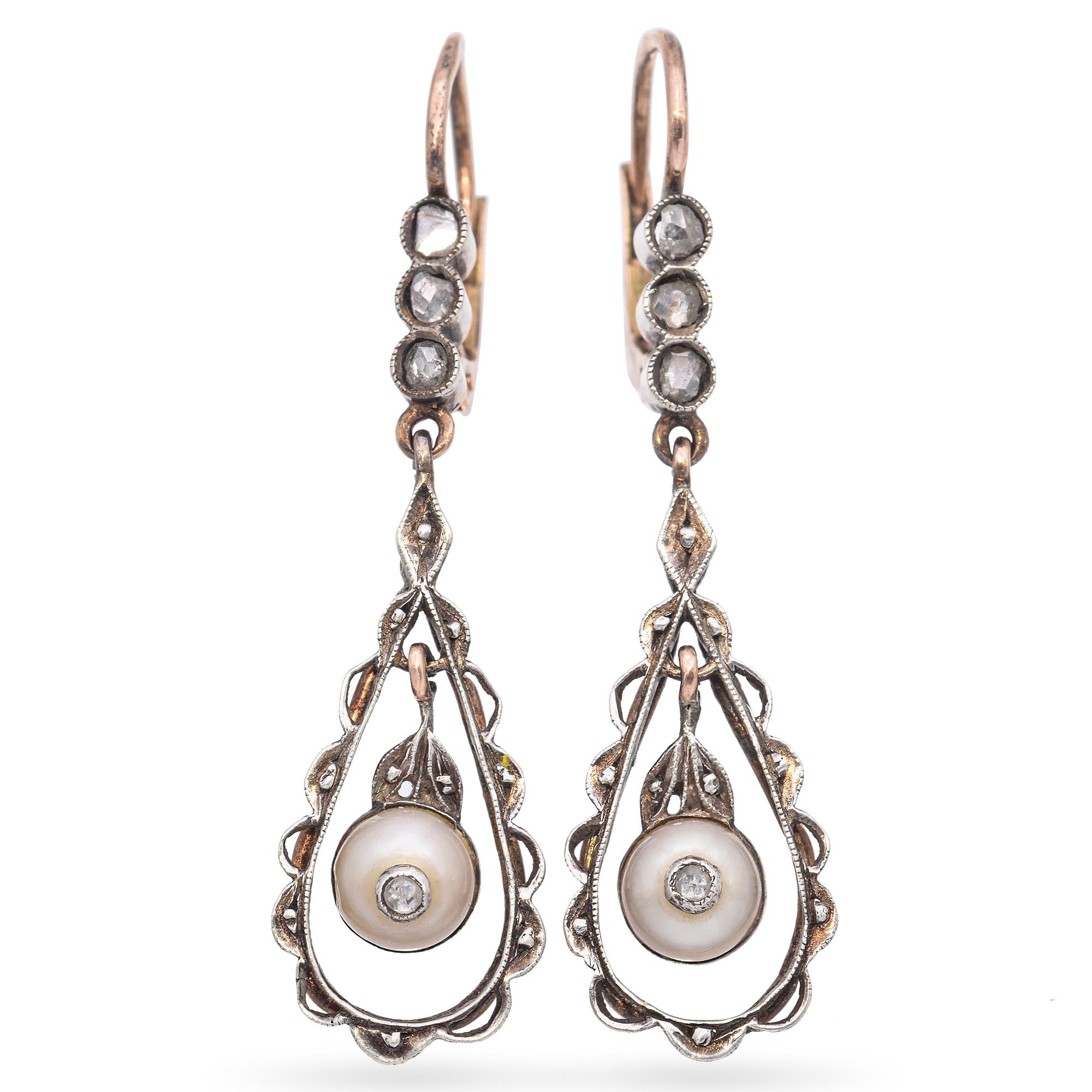 Antique 14k Rose Gold and Silver Pearl and Rose Cut Diamond Drop Earrings