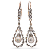 Antique 14k Rose Gold and Silver Pearl and Rose Cut Diamond Drop Earrings