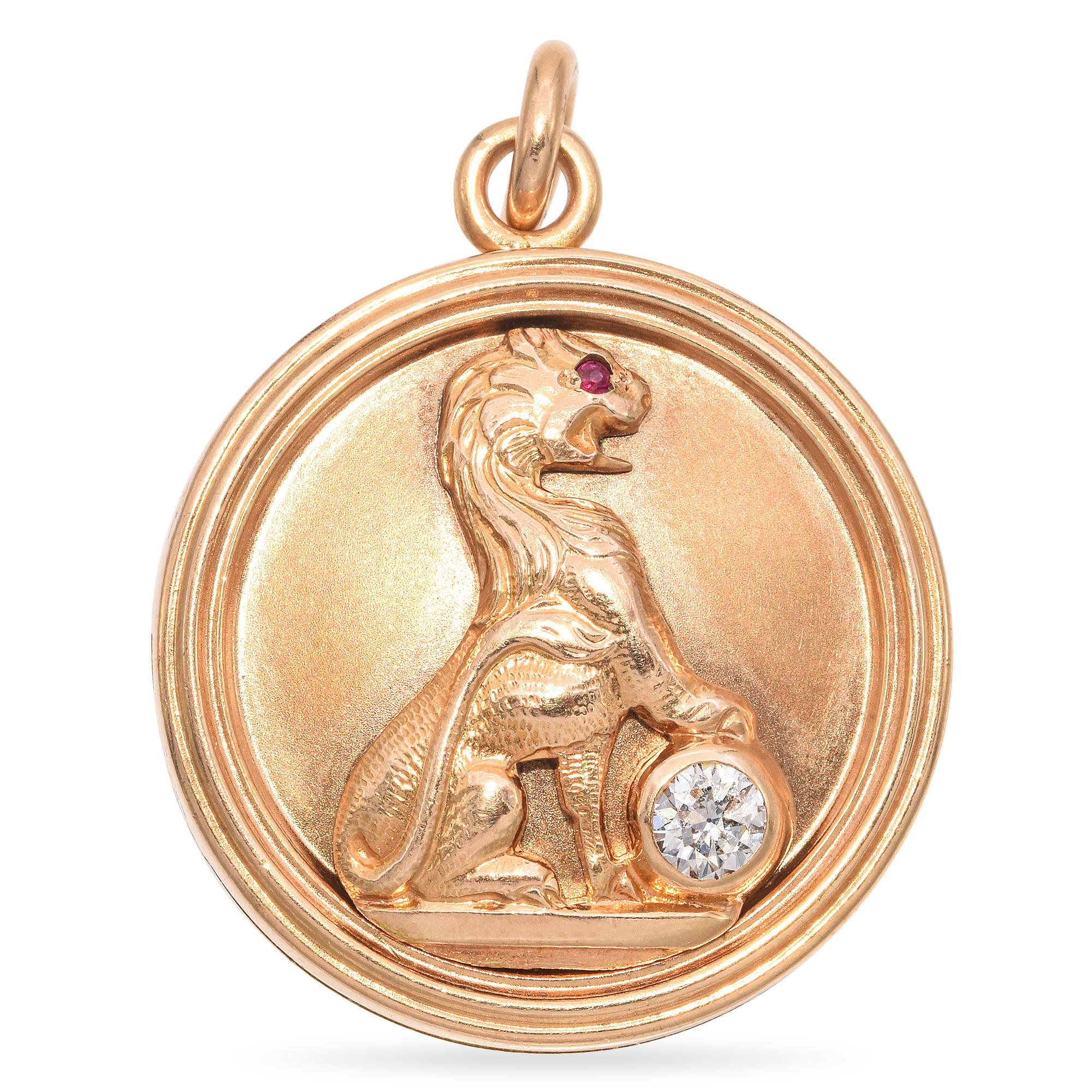 Antique 14k Yellow Gold Lion Holding A Diamond Sphere Locket