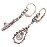 Antique 14k Rose Gold and Silver Pearl and Rose Cut Diamond Drop Earrings