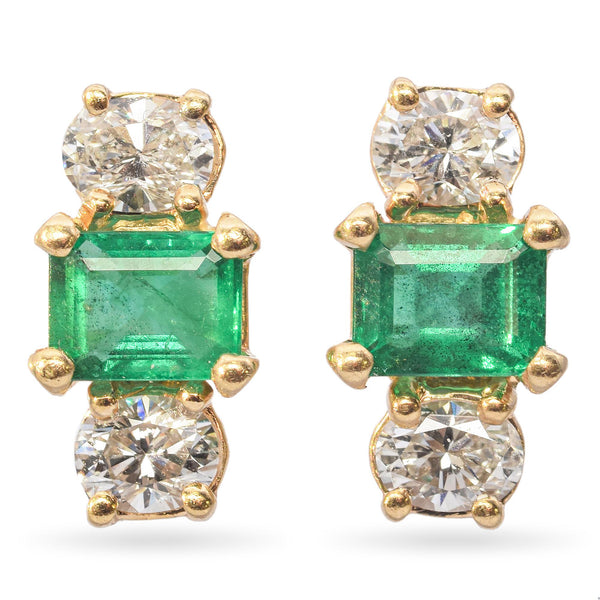 14K Yellow Gold 0.98 Ct. Emerald and Diamond Stud Earrings